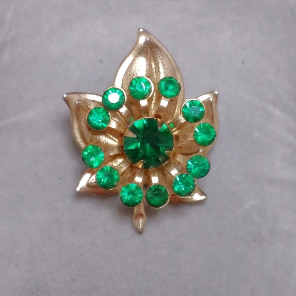 Vintage Gold Tone Leaf Brooch Green Rhinestones Textured Floral Pin Mid Century